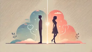 若くして結婚したしゅんまやカップルの離婚を象徴する抽象的なフラットイラスト。2人が離れつつも、かすかに繋がりを保つ様子を表現し、共同養育や価値観の変化を暗示。