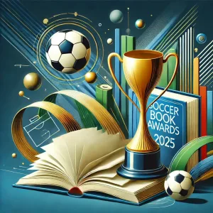 サッカー本大賞2025の優秀作品とトロフィーを象徴する抽象的なフラットイラスト。開いた本とサッカーボールが描かれ、受賞の興奮を表現