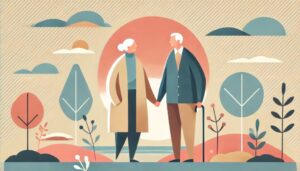 高橋英樹夫妻が仲良く手をつないで歩く抽象的なフラットイラスト。長年の夫婦愛と絆を象徴する温かい雰囲気。