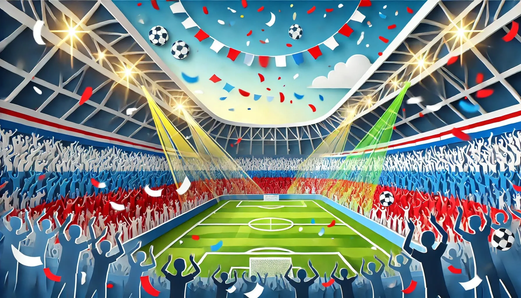 春の昼間に開催されるサッカー試合の熱狂的なスタジアム。トリコロールカラーと薄い緑色のレーザーが輝き、紙吹雪が舞う中、大勢の観客が踊りながら応援する様子をペーパーアート風に表現。