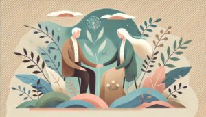 梅沢富美男さんと妻・池田明子さんが植物に囲まれて手をつなぐ、夫婦の絆と自然の癒しを象徴する抽象的なフラットイラスト