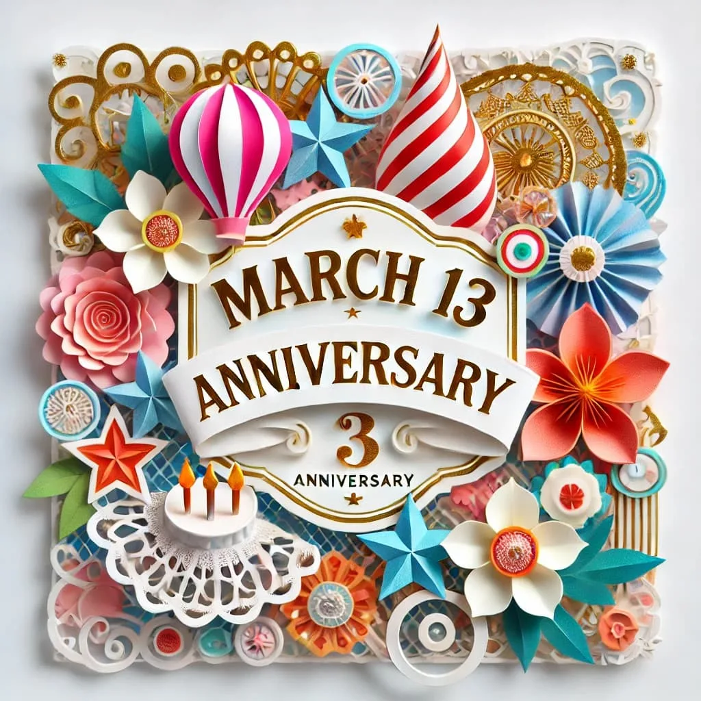 3月13日の記念日を祝うペーパーアート。美しいカットペーパーとメッセージカードがデザインされ、「March 13 Anniversary」の英語表記が含まれている。