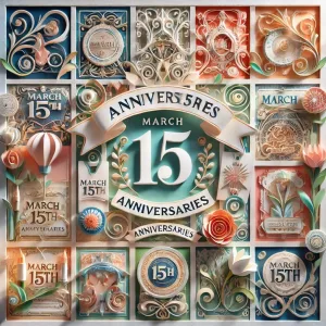 3月15日の記念日を祝うペーパーアート。美しくデザインされたメッセージカードが並び、「March 15th Anniversaries」の文字が中央に配置された華やかなデザイン。