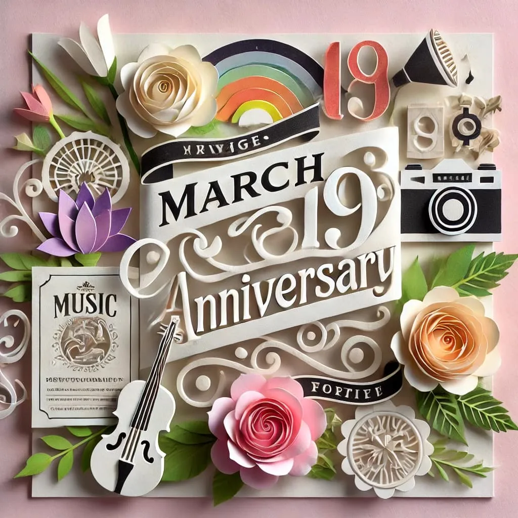 3月19日の記念日をテーマにしたペーパーアート。「March 19 Anniversary」の英語表記が施されたメッセージカードを中心に、音楽、写真、食文化などを象徴する美しい紙細工が華やかに配置されている。