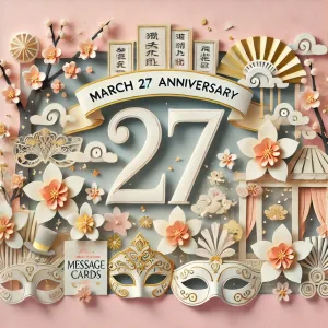 3月27日の記念日を表現した美しいペーパーアート。桜、メッセージカード、演劇のマスクが重なり、春らしさと文化が感じられるデザイン。