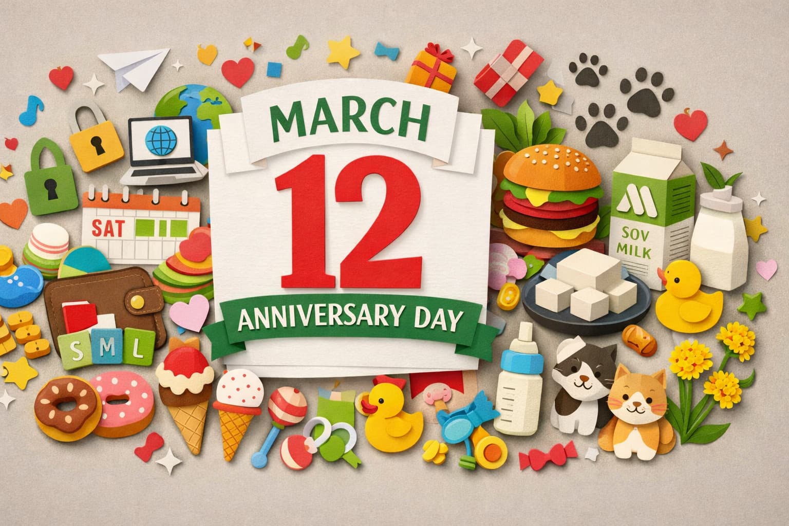 3月12日の記念日（世界反サイバー検閲デー、半ドンの日、モスの日、スイーツの日、だがしの日、育児の日、パンの日、わんにゃんの日、豆乳・豆腐）をモチーフにしたカラフルなペーパーアート