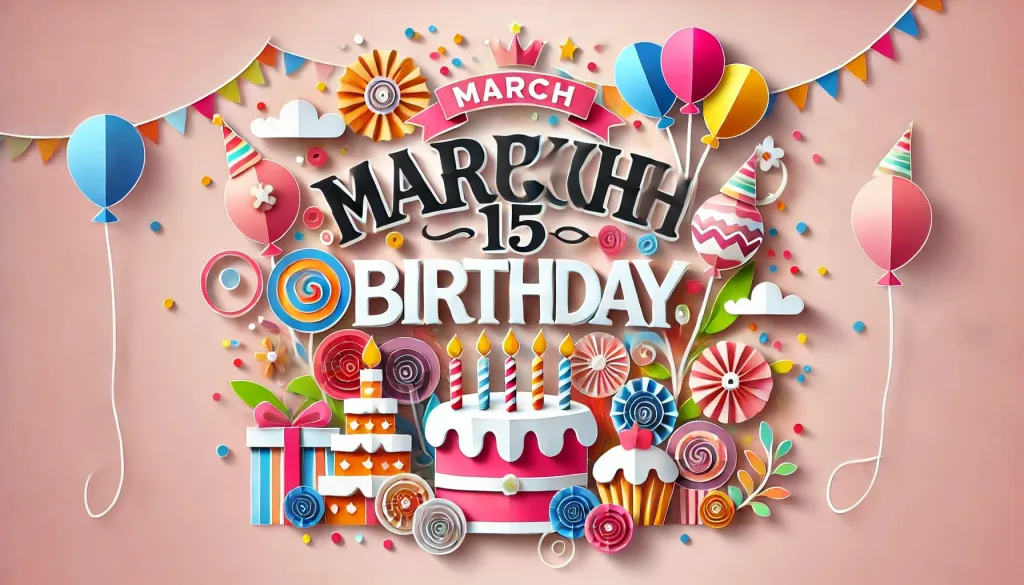 「3月15日 誕生日」をテーマにした華やかで楽しいペーパーアートのイメージ。カラフルな紙の装飾と「March 15 Birthday」の文字が美しく配置され、誕生日の祝福ムードが伝わる。