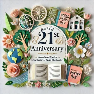 「3月21日 記念日」をテーマにしたペーパーアート。メッセージカードの周りに、国際人種差別撤廃デー、世界詩歌記念日、世界ダウン症の日などの記念日を象徴するデザインが施されている。