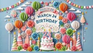 24日誕生日を祝う、カラフルで楽しいペーパーアートのデザイン。たくさんの風船や誕生日ケーキが飾られ、華やかな雰囲気が広がる。