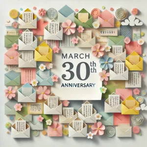3月30日の記念日を表現した、カラフルなメッセージカードが舞うペーパーアート風イラスト