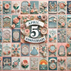 4月5日の記念日を祝うカラフルなペーパーアートと「April 5 Anniversary」の文字が描かれた美しいメッセージカードの集合イメージ