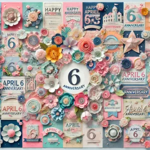 4月6日の記念日を表現した美しいペーパーアートと「April 6 Anniversary」の文字が中央に配置された華やかなメッセージカードのイメージ