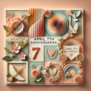 4月7日の記念日をテーマにしたペーパーアート風コラージュ画像。世界保健デーや鉄腕アトムの誕生日など、多くの記念日を象徴するカラフルなメッセージカードが重なり合っている。