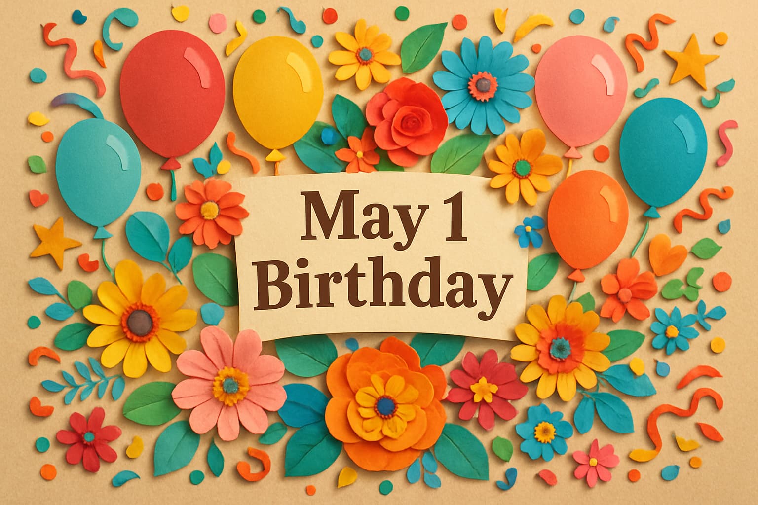 5月1日誕生日を祝うカラフルなペーパーアートイメージ