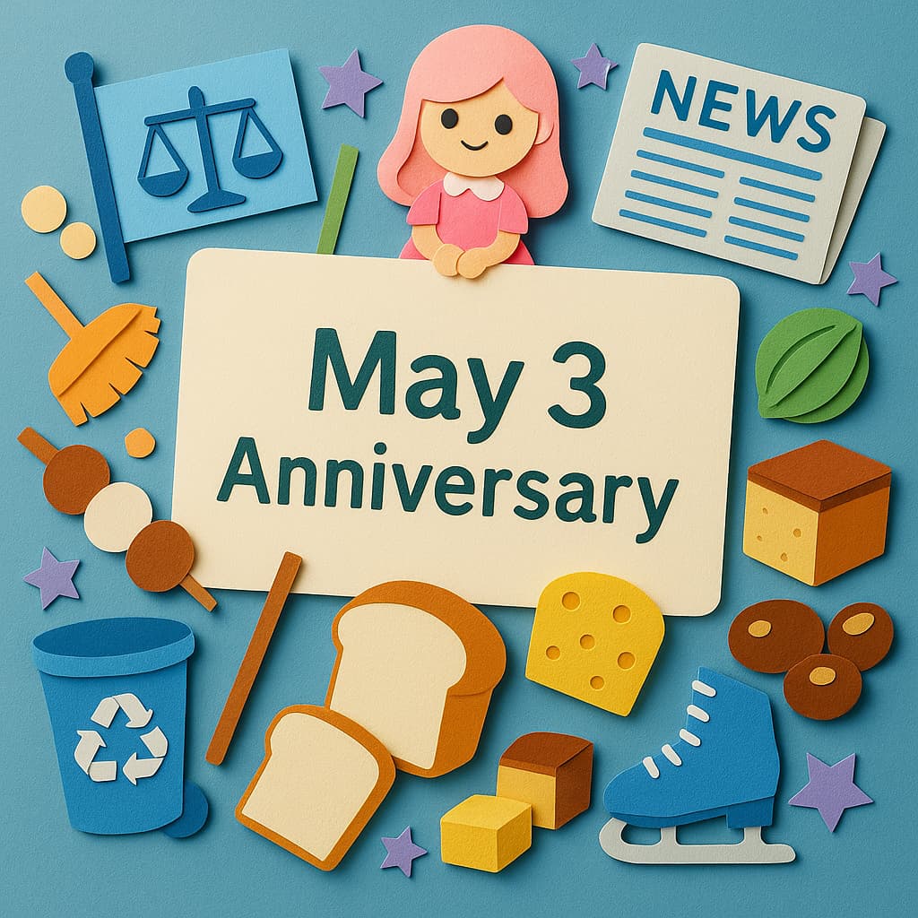 5月3日の記念日を祝うペーパーアート。憲法記念日、リカちゃんの誕生日、世界報道自由デー、ごみの日など多彩な記念日を表現したカラフルなメッセージカードとイラスト。