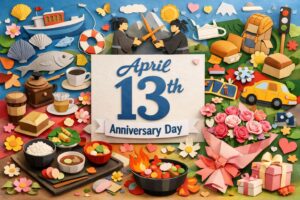 4月13日は何の日？水産デーや喫茶店の日、決闘の日、花キューピットの日、一汁三菜の日など多彩な記念日を紹介するブログ用ビジュアル