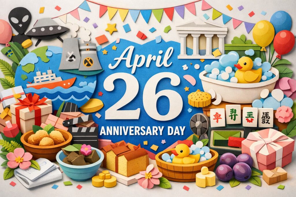 4月26日は何の日？世界知的所有権の日、リメンバー・チェルノブイリ・デー、海上自衛隊の日、よい風呂の日、七人の侍の日を表す記念日コラージュ