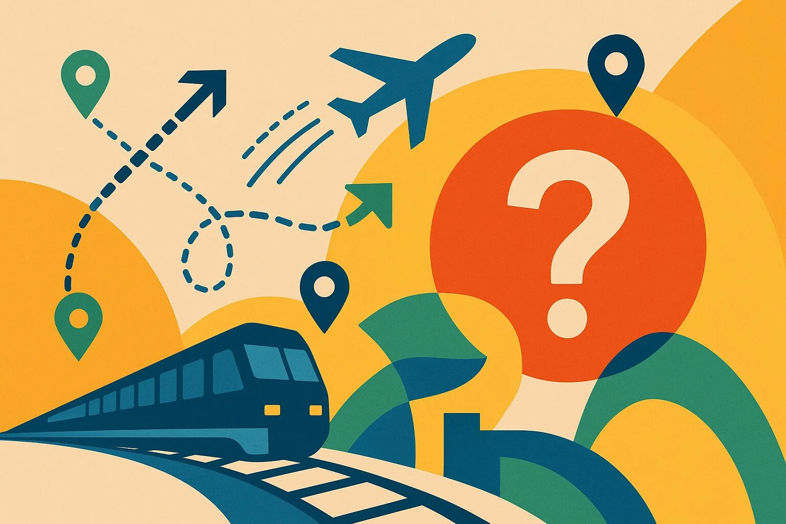 羽田空港アクセス線の構想を表現した抽象的なフラットイラスト。鉄道、飛行機、地図アイコンが交差し未来の交通網を象徴。