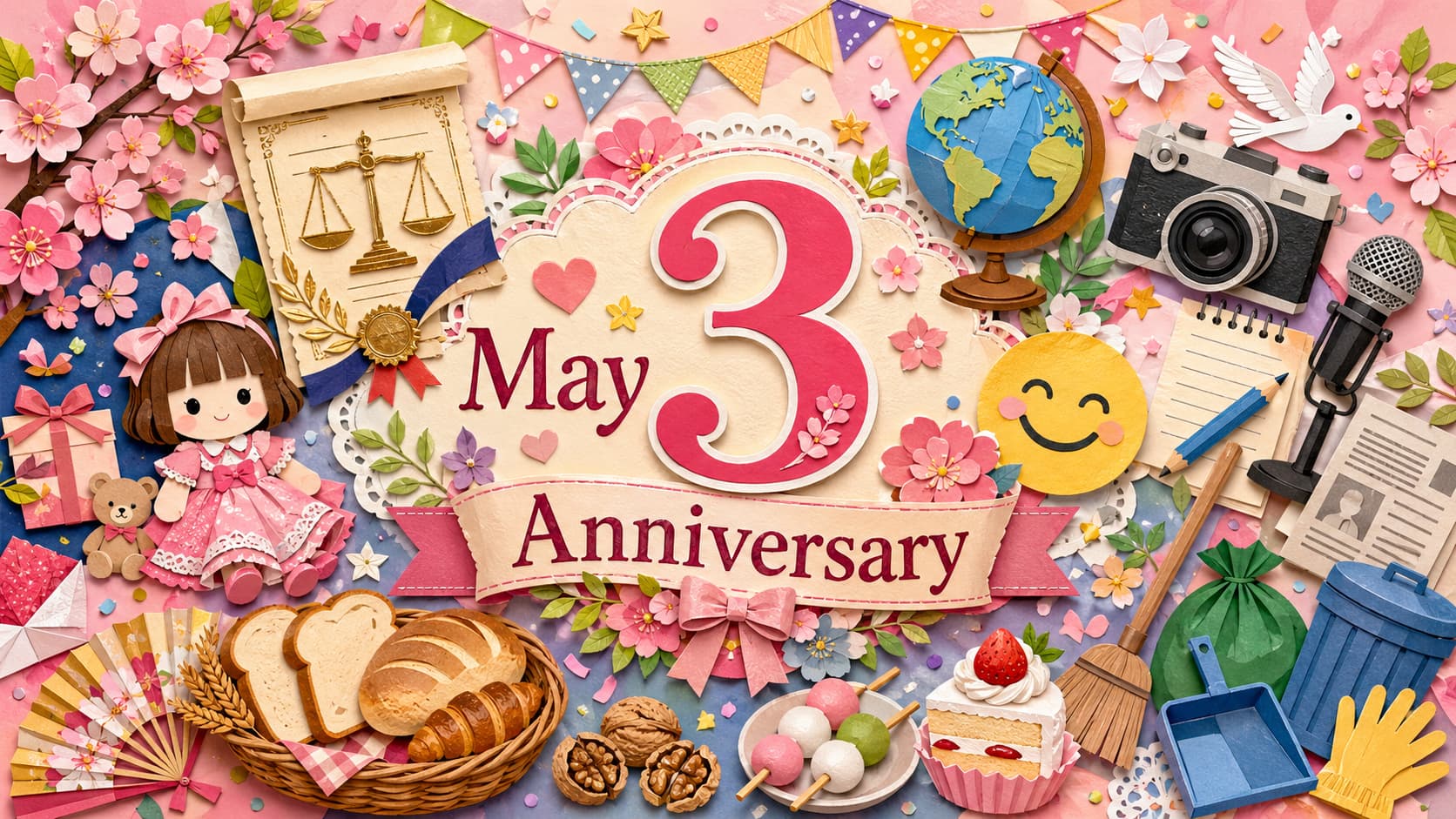5月3日は何の日かを知りたい人に向けて、憲法記念日、世界笑いの日、世界報道自由デー、リカちゃんの誕生日、そうじの日など主な記念日をわかりやすく紹介