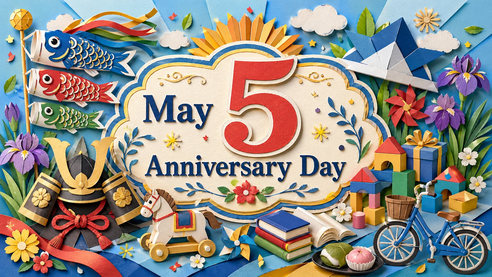 5月5日の記念日であるこどもの日、端午の節句、立夏、児童憲章制定記念日、おもちゃの日を中心に、子どもの成長や初夏の訪れ、日本の伝統行事の意味をわかりやすく伝える内容