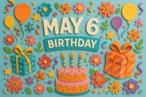 5月6日誕生日を祝うカラフルで華やかなペーパーアート風イラスト。バースデーケーキや花、風船、プレゼントが細かく描かれている