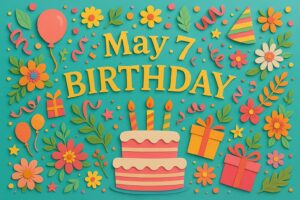 5月7日誕生日を祝うカラフルで華やかなペーパーアート風イラスト、ケーキや風船、花が散りばめられた楽しい雰囲気