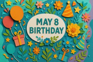 5月8日誕生日を祝うカラフルなペーパーアート風イラスト。風船やプレゼント、花が華やかに描かれた画像