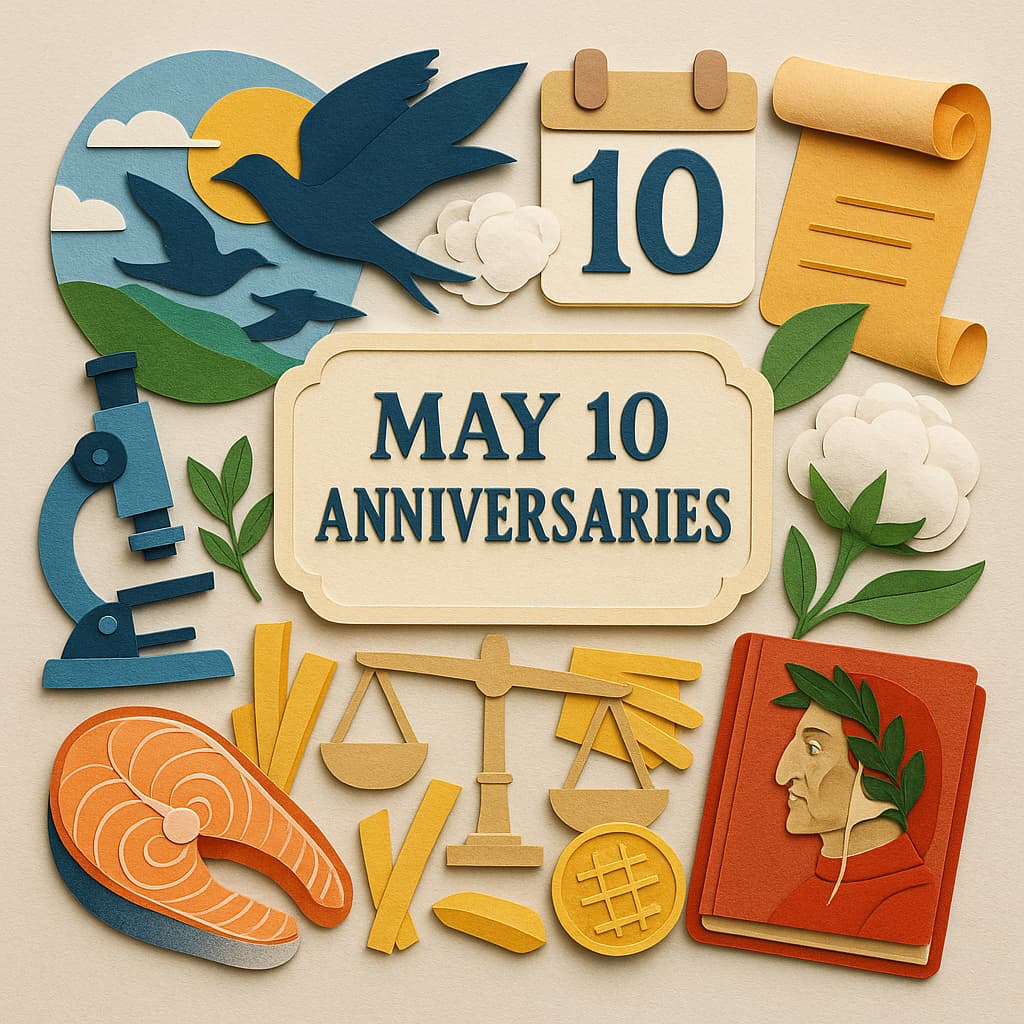 5月10日の記念日をテーマにしたペーパーアート作品。世界渡り鳥デー、コットンの日、地質の日などを象徴するモチーフが美しく描かれている。