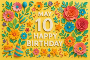 5月10日生まれの誕生日を祝うカラフルなペーパーアート風イラスト。華やかな花や風船、ケーキが楽しい雰囲気を演出