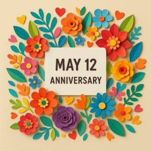 「5月12日 記念日」を祝うカラフルなペーパーアート。看護師、船、鳥、親子、動物、アセロラ、パンなど多様な記念日を象徴するイラストが描かれている。