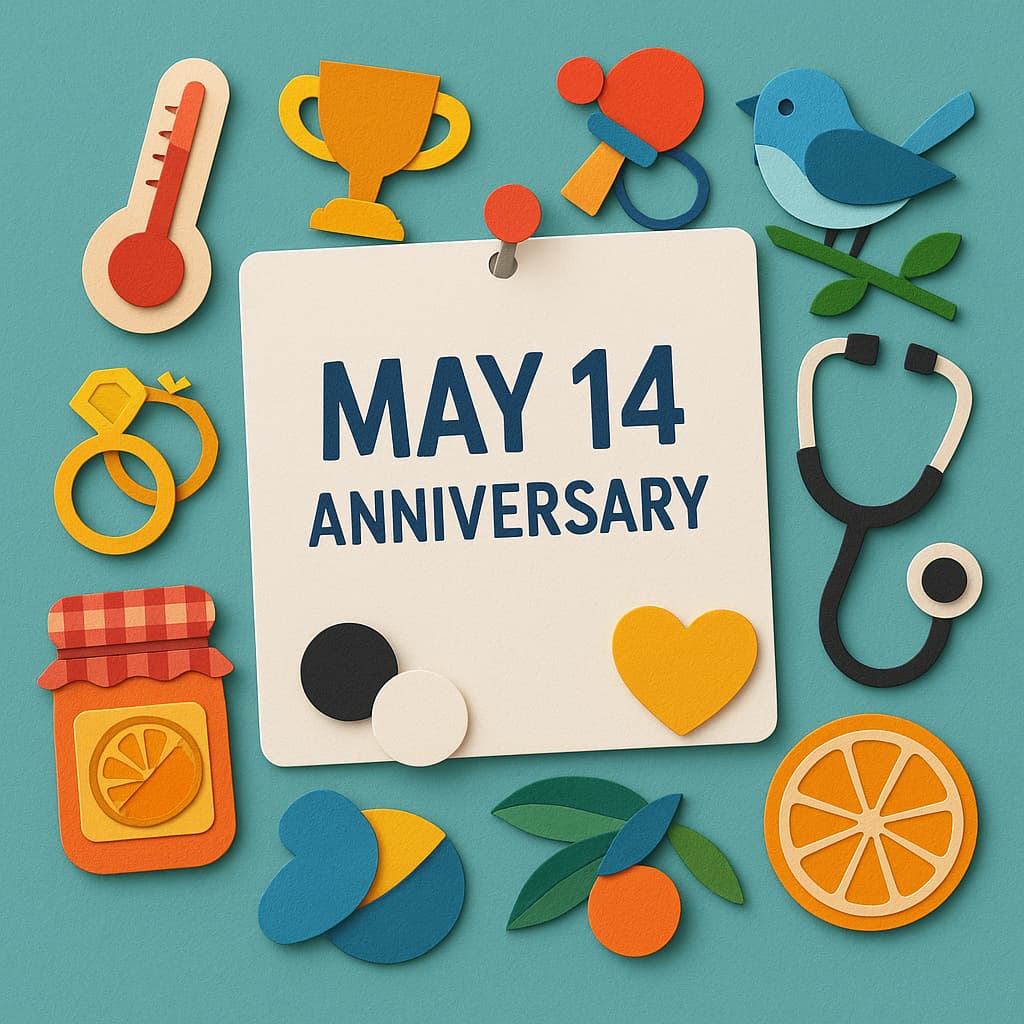 5月14日をテーマにしたカラフルなペーパーアートイラスト。中央のカードに「MAY 14 ANNIVERSARY」と記載され、種痘記念日、温度計の日、けん玉、ごいし、マーマレード、医療、愛鳥週間などを象徴するモチーフが周囲に配置されている。