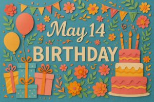 5月14日誕生日の華やかでカラフルなペーパーアート風イラスト。バースデーケーキ、プレゼント、バルーン、花々が散りばめられた楽しいデザイン。