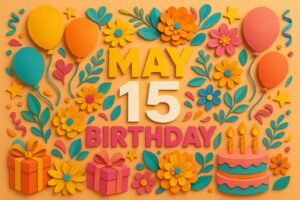5月15日誕生日の芸能人・有名人を祝うカラフルで華やかなペーパーアート風イラスト。バルーンや花、ギフトボックス、バースデーケーキがたくさん描かれた楽しいデザイン。