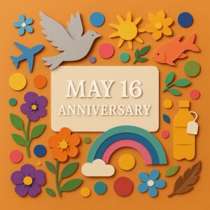 5月16日の記念日を祝うカラフルなペーパーアート。平和に共存する国際デーや旅の日などを象徴するモチーフがデザインされたイラスト。