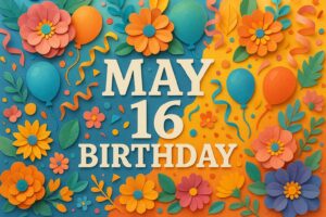5月16日誕生日を祝うカラフルで華やかなペーパーアート風イラスト。バルーン、花、リボンが細かい色彩でたくさん描かれた楽しいデザイン。