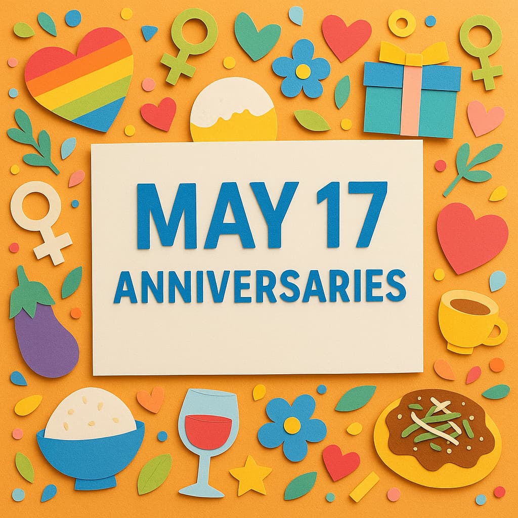 5月17日の記念日をカラフルなペーパーアートで表現したイラスト。中央に「MAY 17 ANNIVERSARIES」の文字があり、周囲にはなす、オコノミヤキ、レインボーハート、多様なシンボルが配置されている。