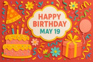 5月19日誕生日の芸能人や有名人を祝うカラフルなペーパーアート風バースデーイラスト。神木隆之介や安藤政信などの誕生日に関連。