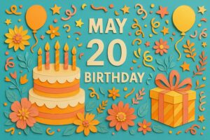 5月20日誕生日を祝う華やかでカラフルなペーパーアート風イラスト、ケーキやプレゼント、花に囲まれたデザイン