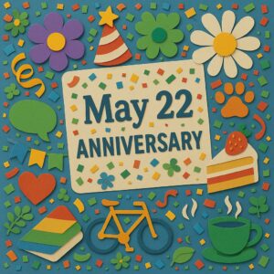 「5月22日 記念日」の英語文字と、ガールスカウト、たまご料理、自転車、ケーキ、花などの紙のイラストが散りばめられたカラフルなペーパーアート