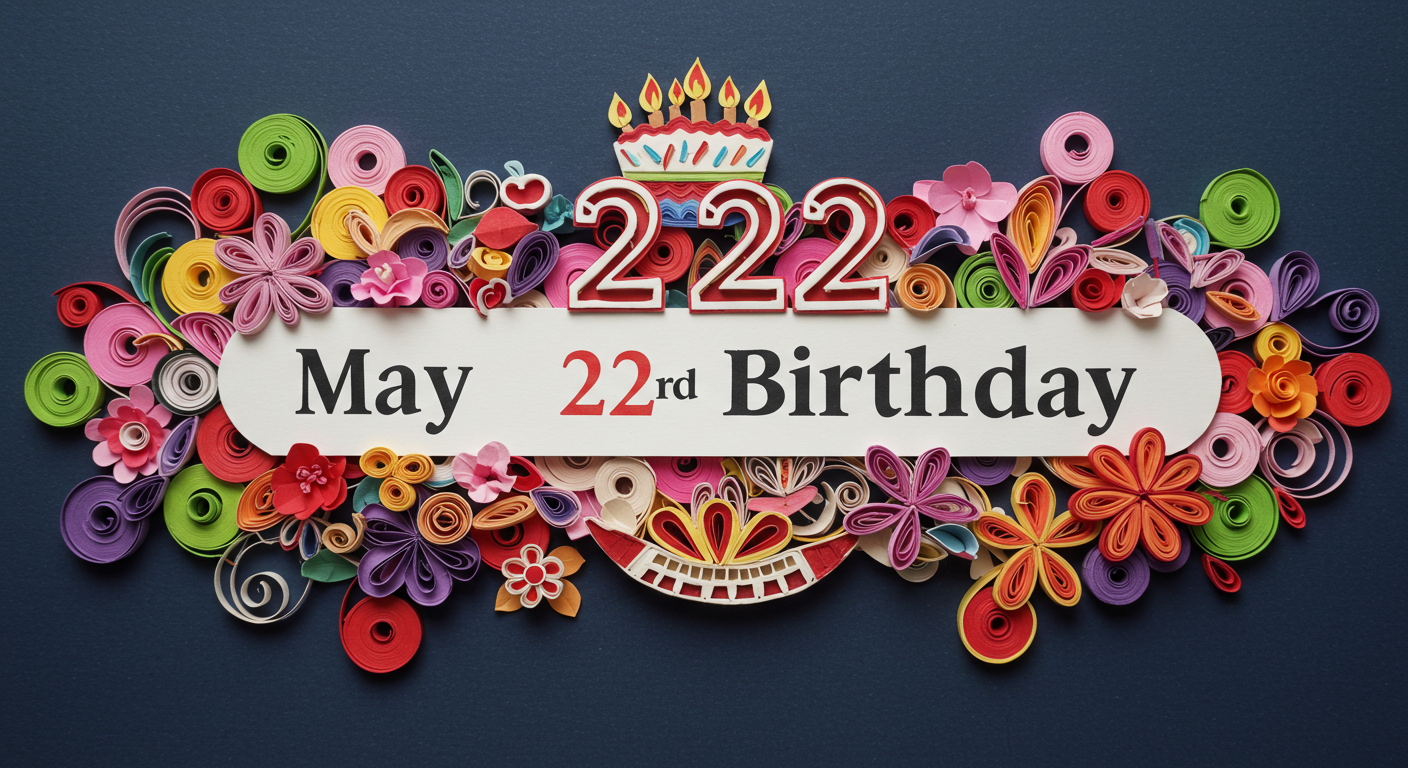 5月22日誕生日を祝うカラフルで華やかなペーパーアート風のイラスト
