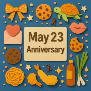 5月23日の記念日を祝うカラフルなペーパーアート。キスの日、ラブレターの日、世界亀の日などを象徴するモチーフが散りばめられている。