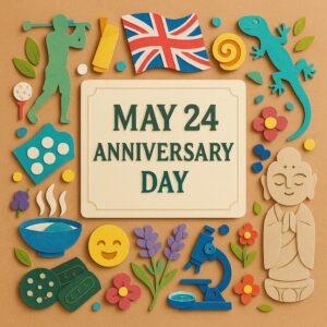 5月24日の記念日を象徴するアイテムが彩るカラフルなペーパーアートと「MAY 24 ANNIVERSARY DAY」の文字