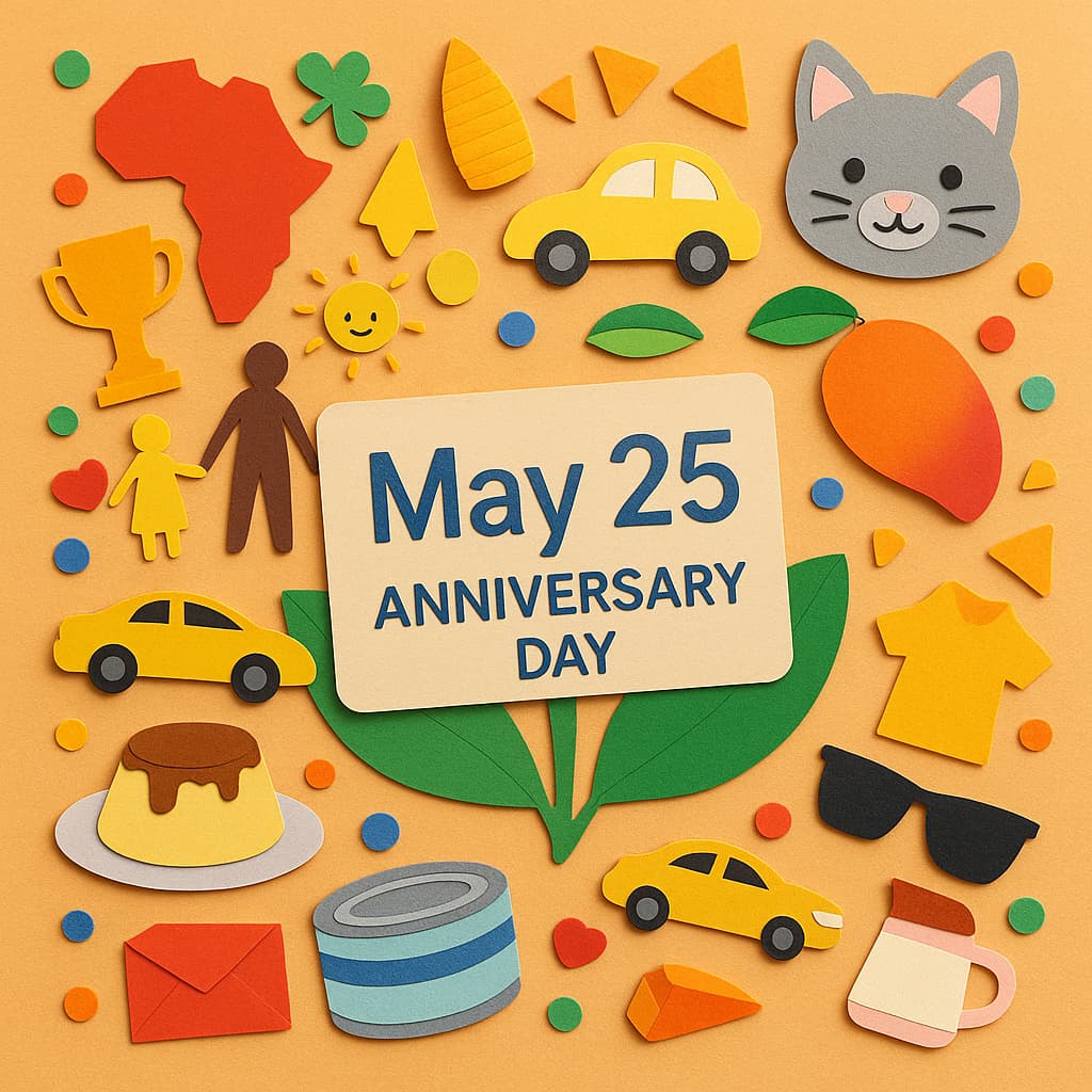 「5月25日 記念日」の文字が中央に書かれたカラフルなペーパーアート。アフリカ大陸、プリン、マンゴー、保護猫、車など多彩なモチーフが散りばめられている。