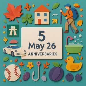 5月26日の記念日を象徴する多彩なアイテムが描かれたカラフルなペーパーアート。東名高速道路、温泉、野球、釣りなどのモチーフがちりばめられている。