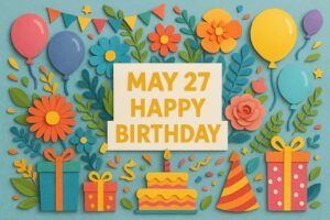 5月27日 誕生日を祝うカラフルなペーパーアート風イラスト。バルーンやケーキ、花が細かい色彩で表現されている。