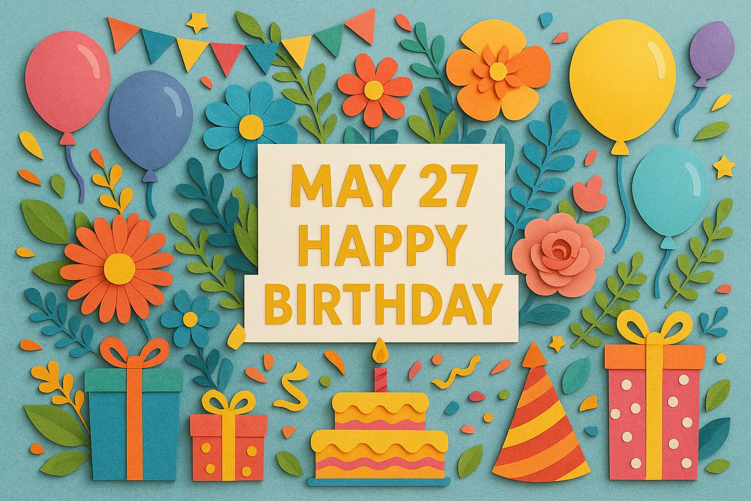 5月27日 誕生日を祝うカラフルなペーパーアート風イラスト。バルーンやケーキ、花が細かい色彩で表現されている。
