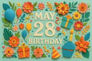 「5月28日誕生日」を祝うペーパーアート風のカラフルな装飾画像