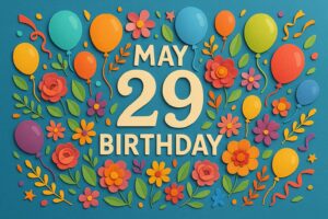 5月29日誕生日を祝うカラフルなペーパーアート風イラスト。風船や花が華やかに描かれたデザイン。