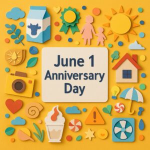 カラフルなペーパーアートで表現された6月1日の記念日をテーマにしたデザイン。牛乳、親子、カメラ、太陽などの多彩なモチーフが並ぶ。