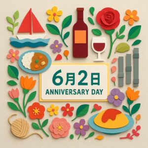 6月2日の記念日をテーマにしたカラフルで細やかなペーパーアート。中央に「6月2日 ANNIVERSARY DAY」の文字と、カレー、ワイン、オムレツ、薔薇、港、ロープなどを表現した多彩な装飾。